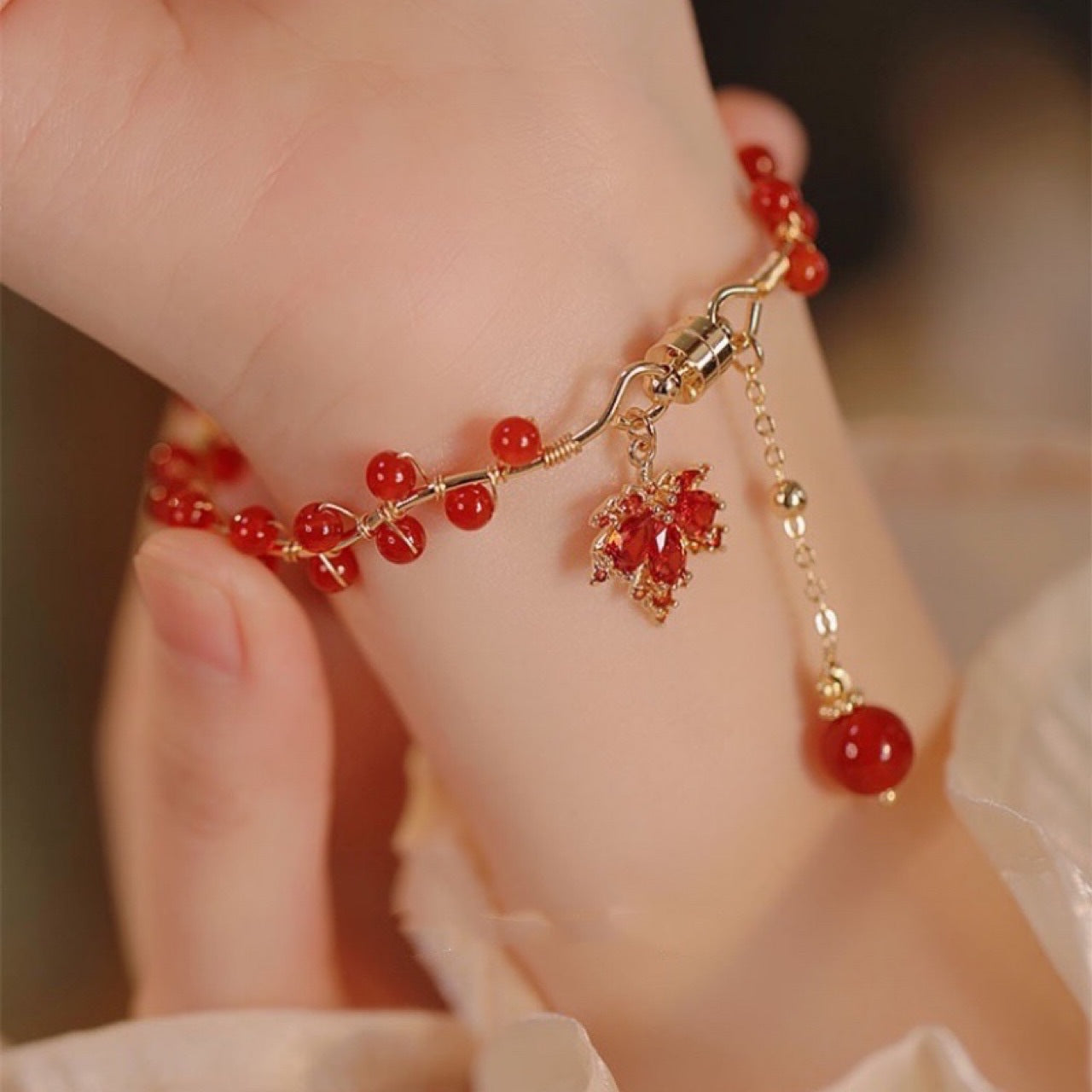 Maple Leaf Shape Natural Red Agate Bracelet
