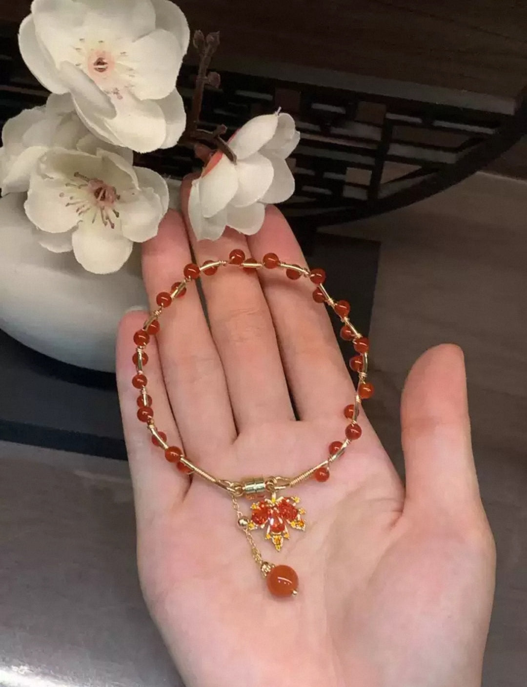 Maple Leaf Shape Natural Red Agate Bracelet