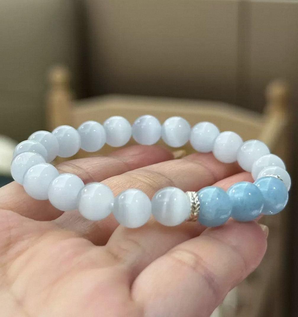 Blue Aquamarine and Cat's Eye String