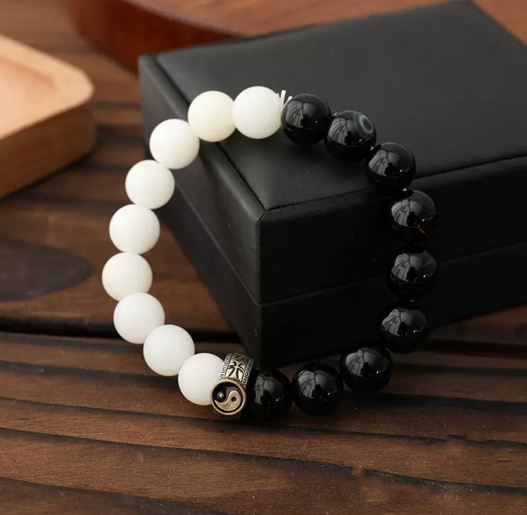 Obsidian White Bodhi Yin Yang String