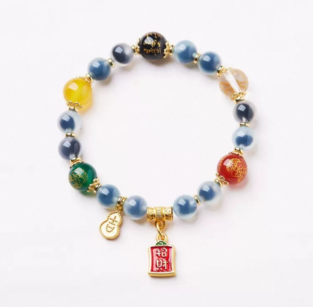 Blue Coagulated Agate Five Paths to Fortune String